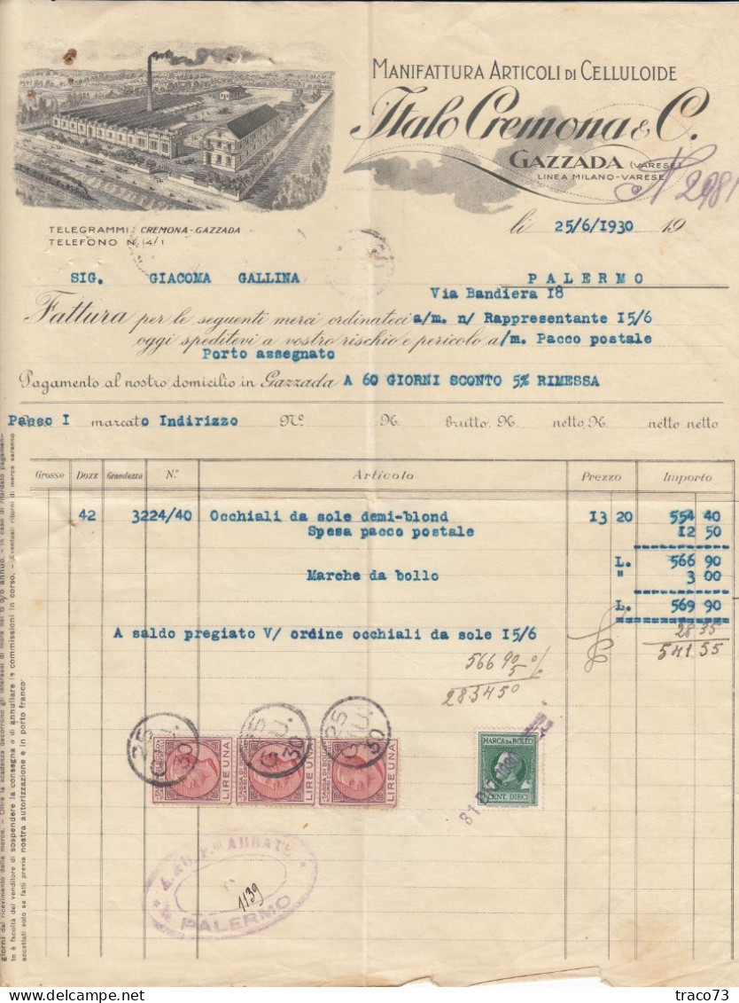 GAZZADA (Varese) _ 25.6.1930  /  Fattura " ITALO CREMONA & C. " Manifattura Articoli Di Celluloide - Italie