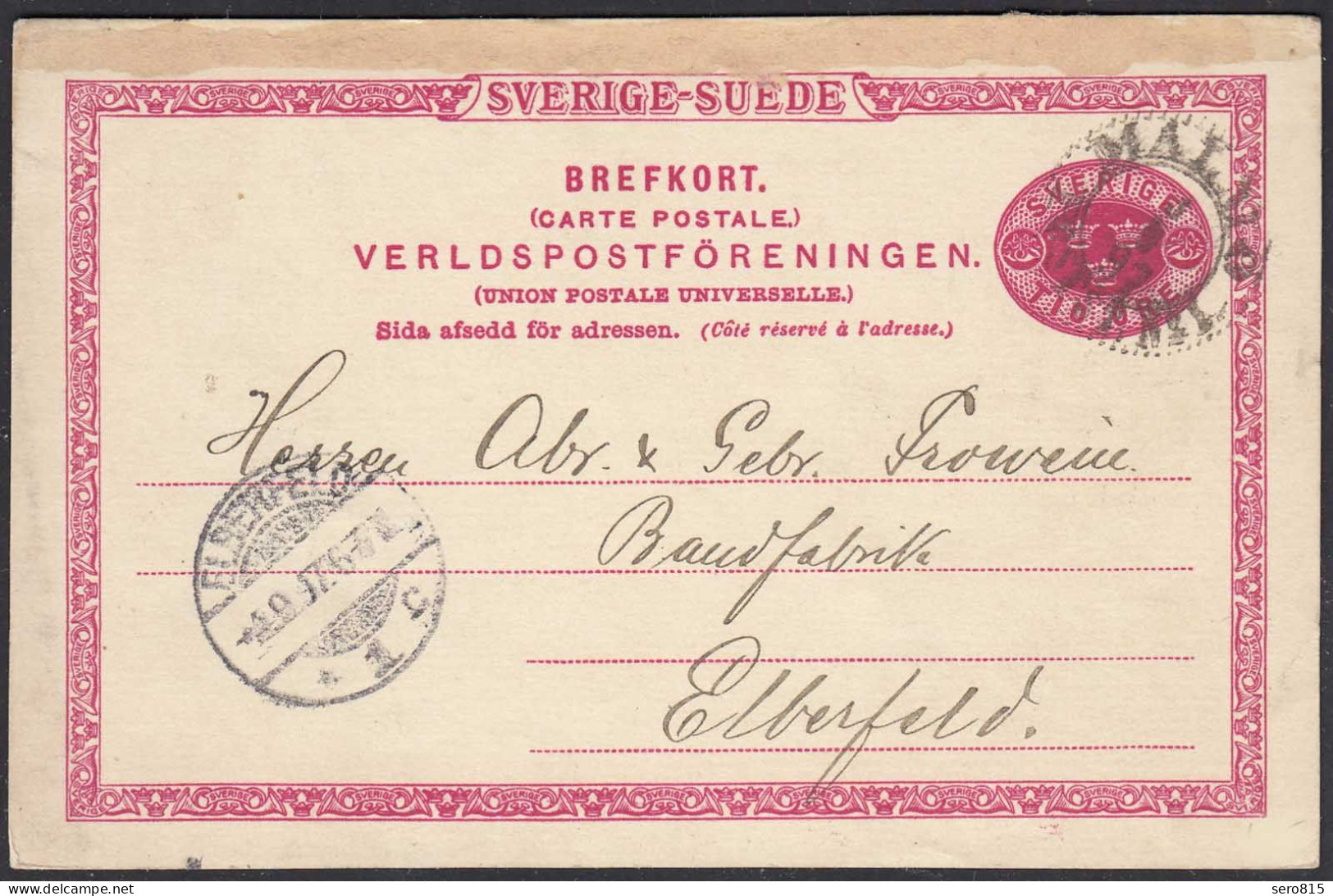 Malmö Schweden 10 Öre Ganzsache 1897 Nach Elberfeld    (65382 - Covers & Documents