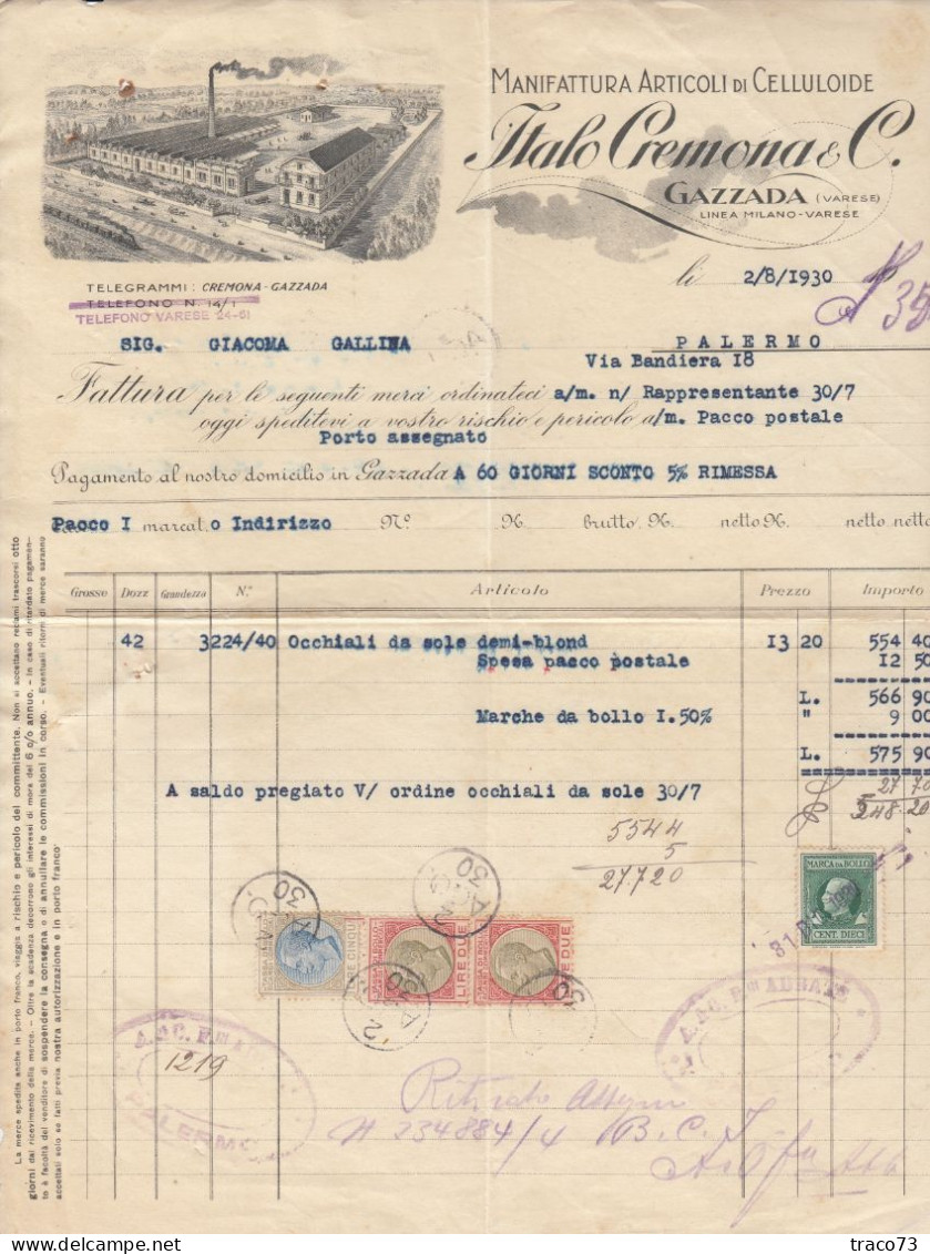 GAZZADA (Varese) _ 2.8.1930  /  Fattura " ITALO CREMONA & C. " Manifattura Articoli Di Celluloide - Italy