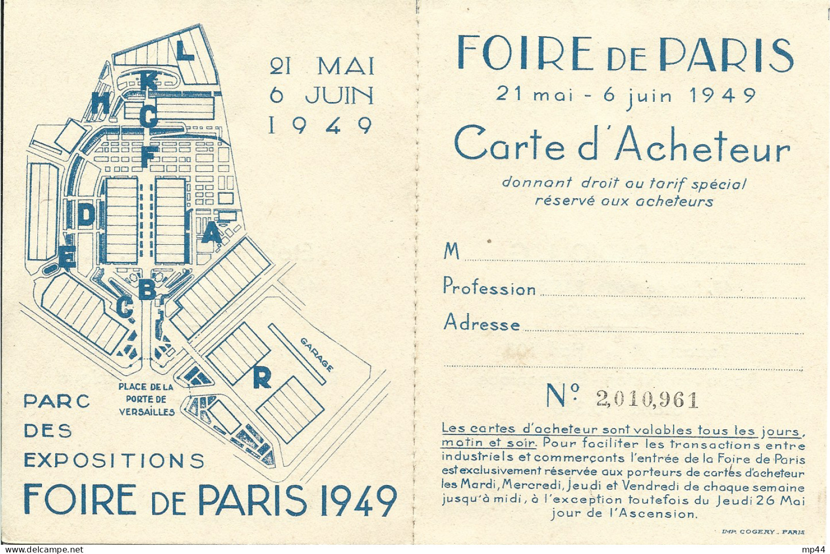 5M1 --- FOIRE DE PARIS 1949 Carte D'acheteur - Peynet