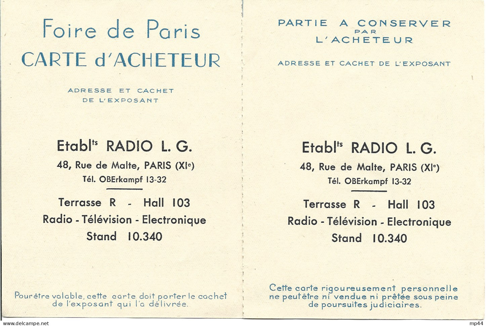 5M1 --- FOIRE DE PARIS 1949 Carte D'acheteur - Peynet