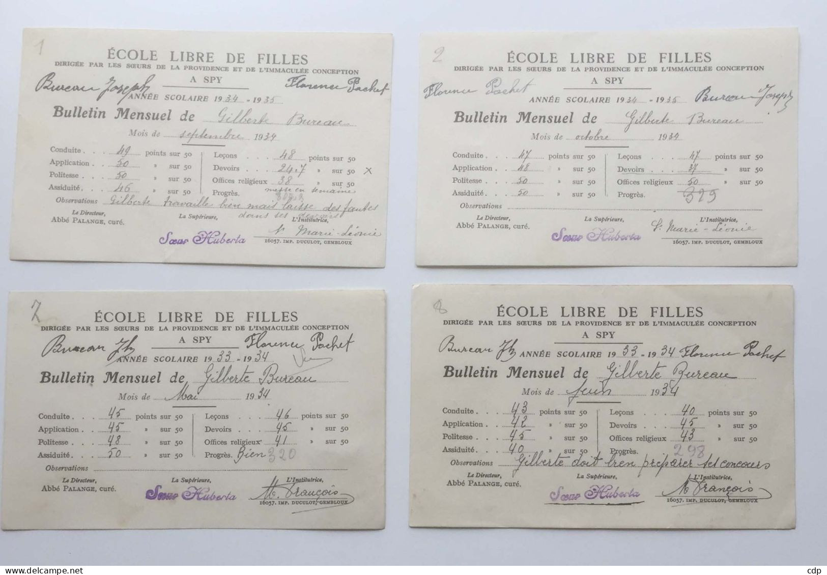 Lot 4 Bulletins école Des Filles Spy  1934 - Diplômes & Bulletins Scolaires