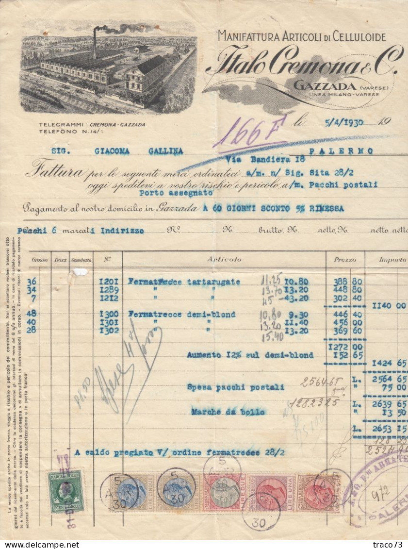 GAZZADA (Varese) _ 5.4.1930  /  Fattura " ITALO CREMONA & C. " Manifattura Articoli Di Celluloide - Italy