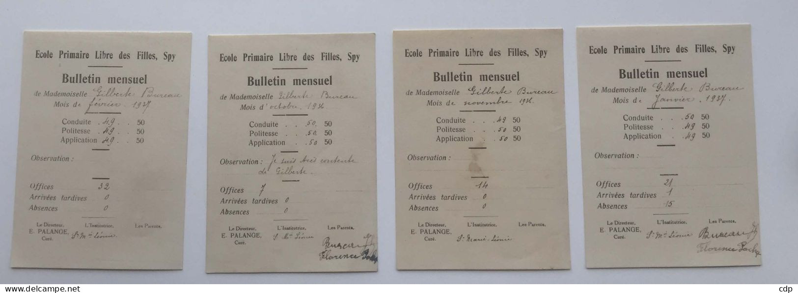 Lot 4 Bulletins école Des Filles Spy  1936-37 - Diploma & School Reports