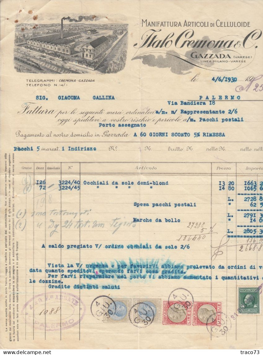 GAZZADA (Varese) _ 4.6.1930  /  Fattura " ITALO CREMONA & C. " Manifattura Articoli Di Celluloide - Italy