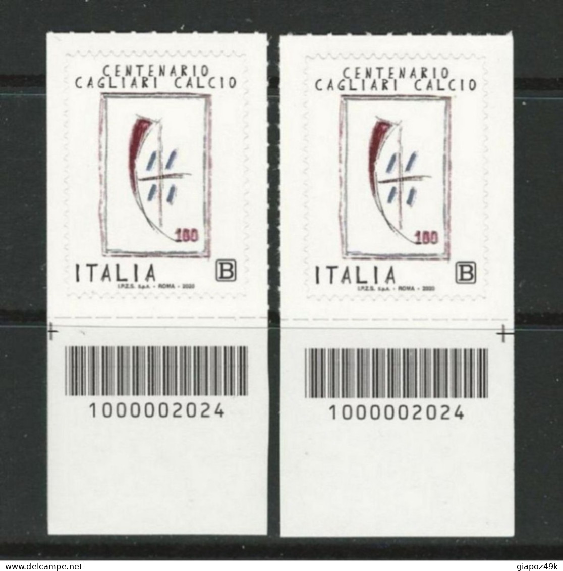 ● 2020 ITALIA ֍ 100° CAGLIARI Calcio S.p.A. ● Sport ● 2 Valori Con Codice A Barre ️● Adesivi ● - Bar-code