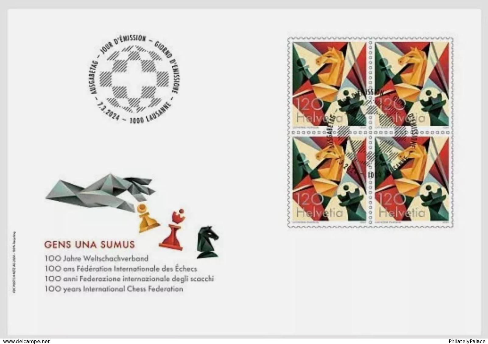 Swizerland 2024 100th Years Chess Federation ,Horse ,Bishop, King ,Knight, Pawn, FDC Cover (**) - Lettres & Documents