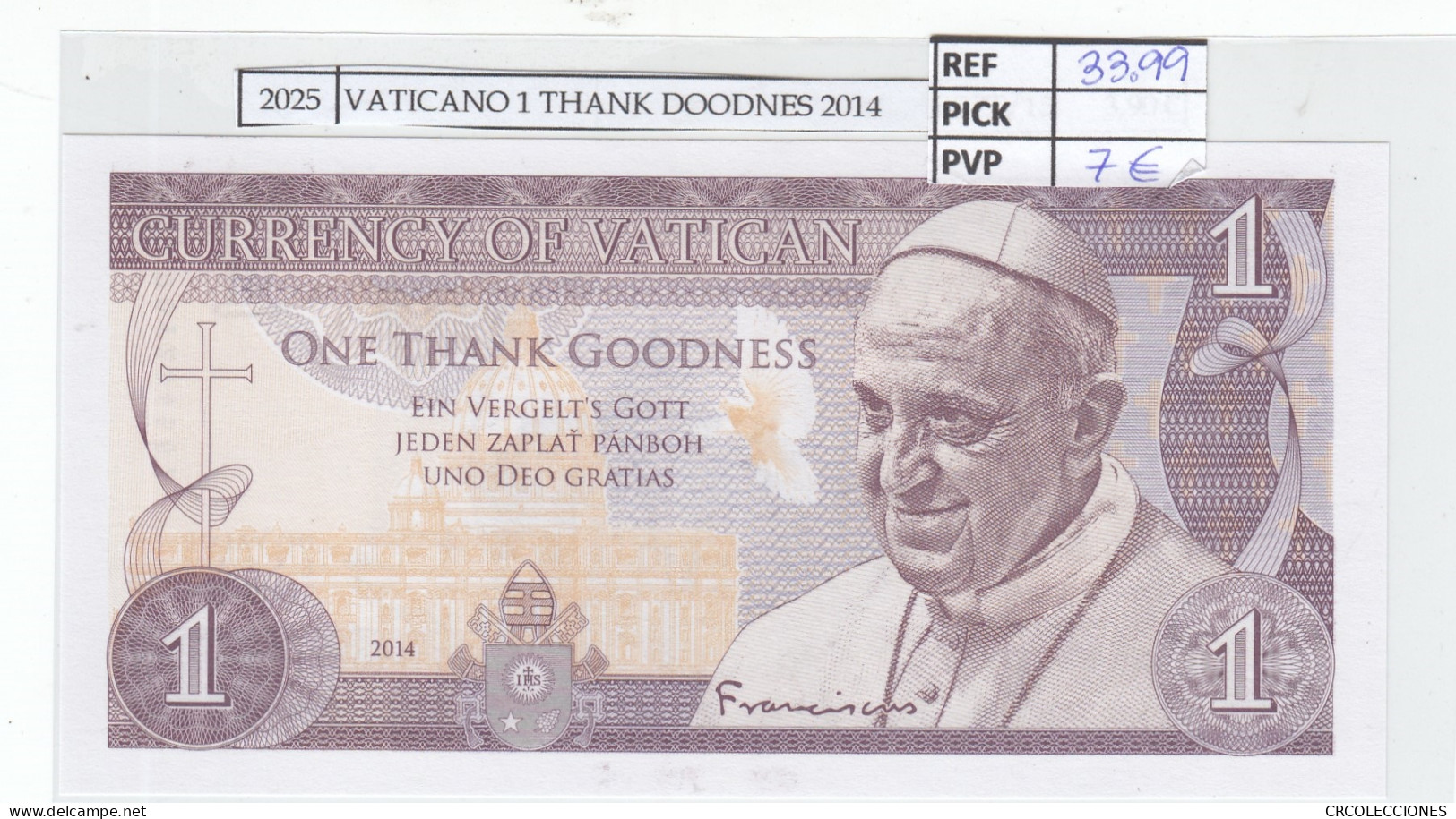 BILLETE VATICANO 1 THANK DOODNES 2014 SPECIMEN Vat-003 - Sonstige – Europa