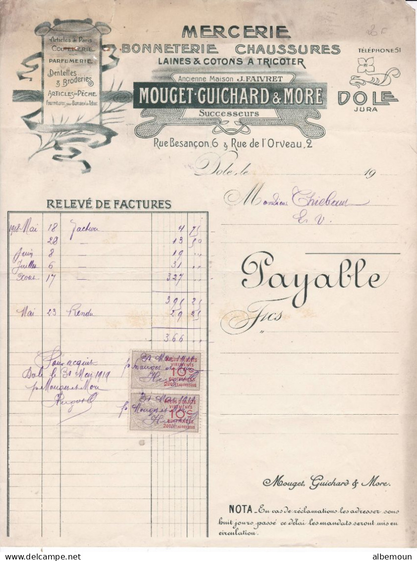 Factures Et Relevés MOUGET-GUICHARD & MORE Mercerie à Dole Pour Thiébaut à Dole 1914 Et Suite En L'état - Food