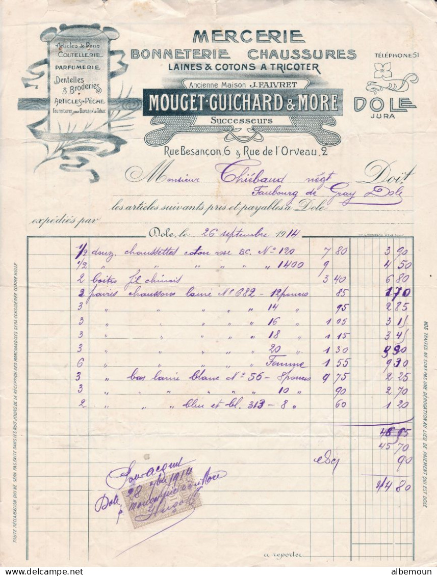 Factures Et Relevés MOUGET-GUICHARD & MORE Mercerie à Dole Pour Thiébaut à Dole 1914 Et Suite En L'état - Lebensmittel