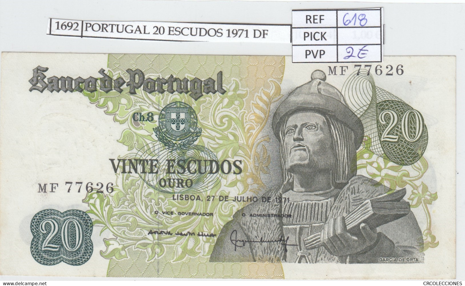 BILLETE PORTUGAL 20 ESCUDOS 1971 P-173a.12a  - Sonstige – Europa