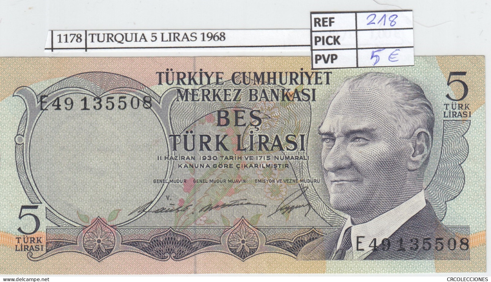 BILLETE TURQUIA 5 LIRAS 1968 P-179a  - Sonstige – Europa