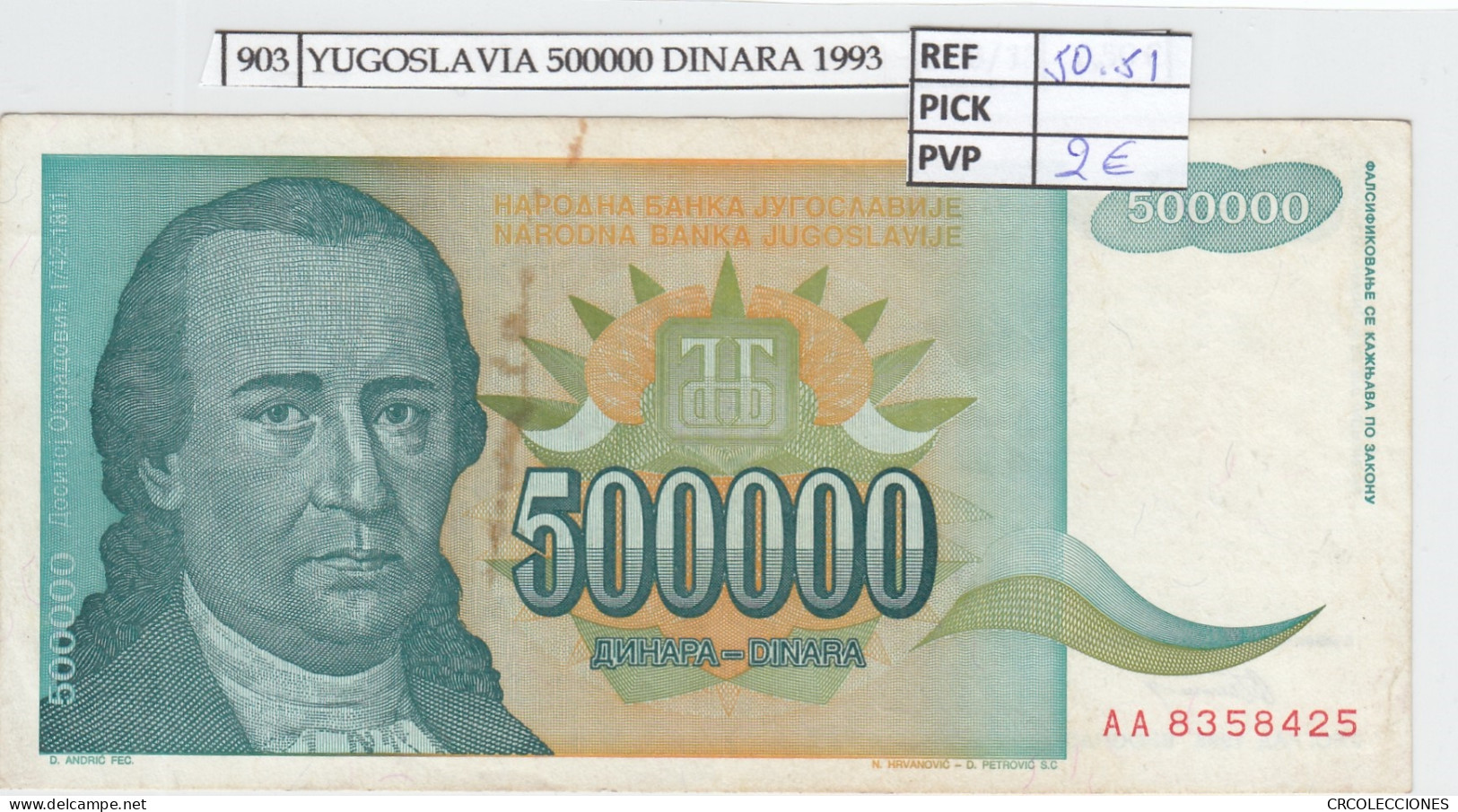 BILLETE YUGOSLAVIA 500.000 DINARA 1993 P-131a - Sonstige – Europa