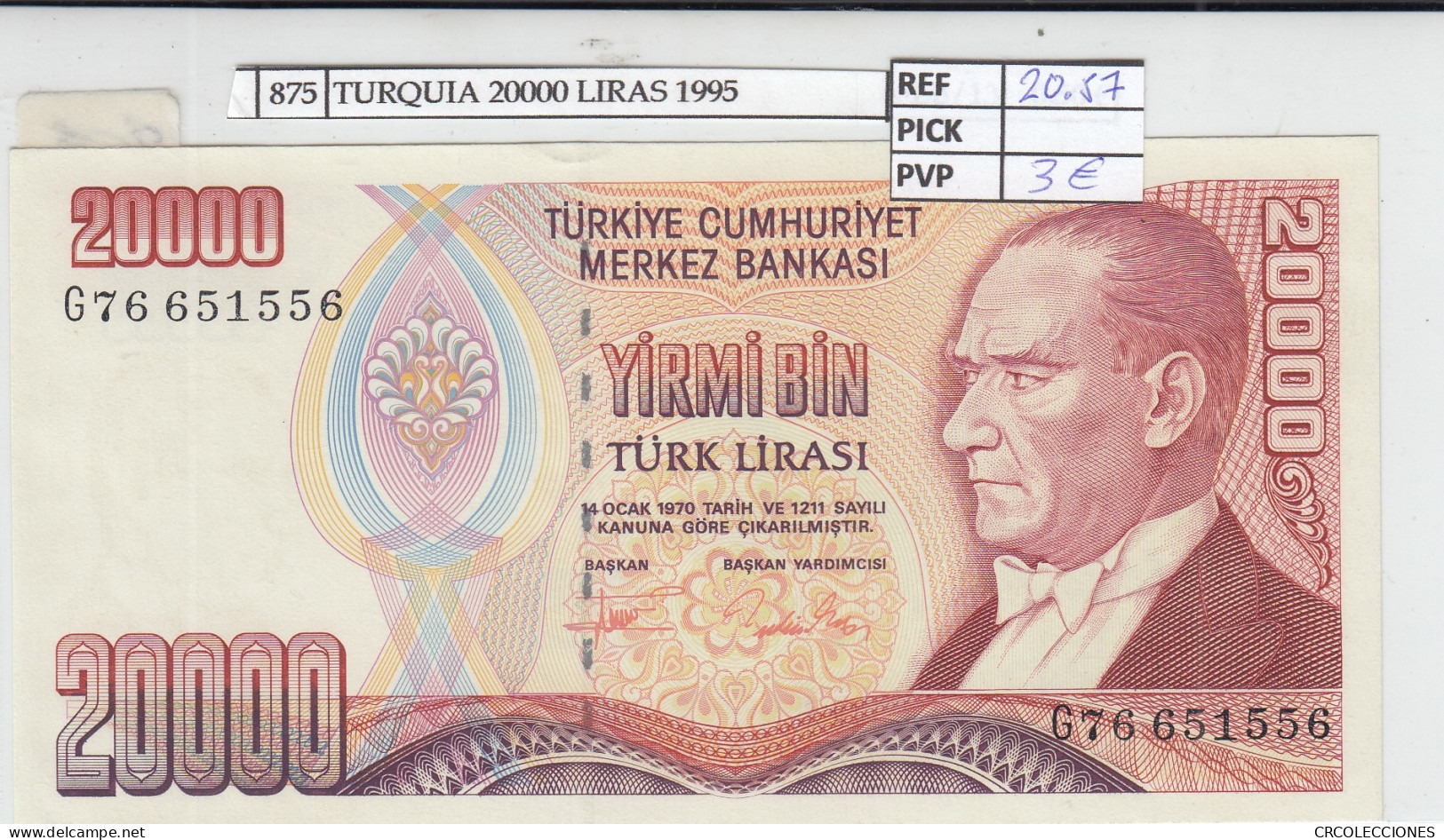 BILLETE TURQUIA 20.000 LIRAS 1995 P-202 - Other - Europe