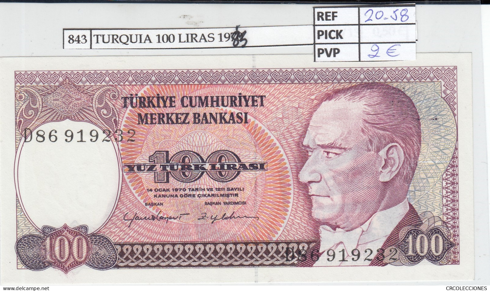 BILLETE TURQUIA 100 LIRAS 1983 P-194a.2 - Sonstige – Europa