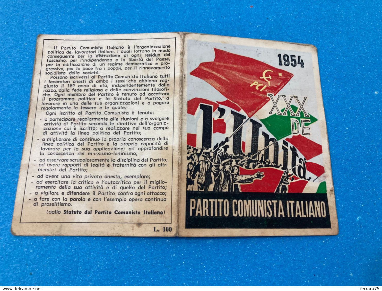 TESSERA PCI PARTITO COMUNISTA ITALIANO  1954 MEDICINA BOLOGNA. - Tessere Associative