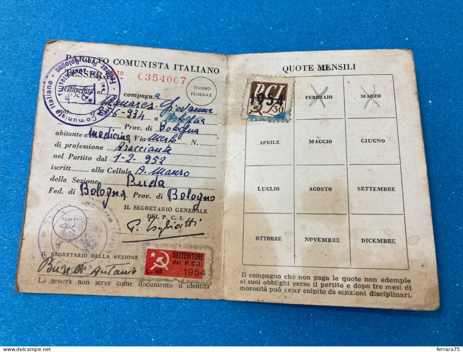 TESSERA PCI PARTITO COMUNISTA ITALIANO  1954 MEDICINA BOLOGNA. - Cartes De Membre