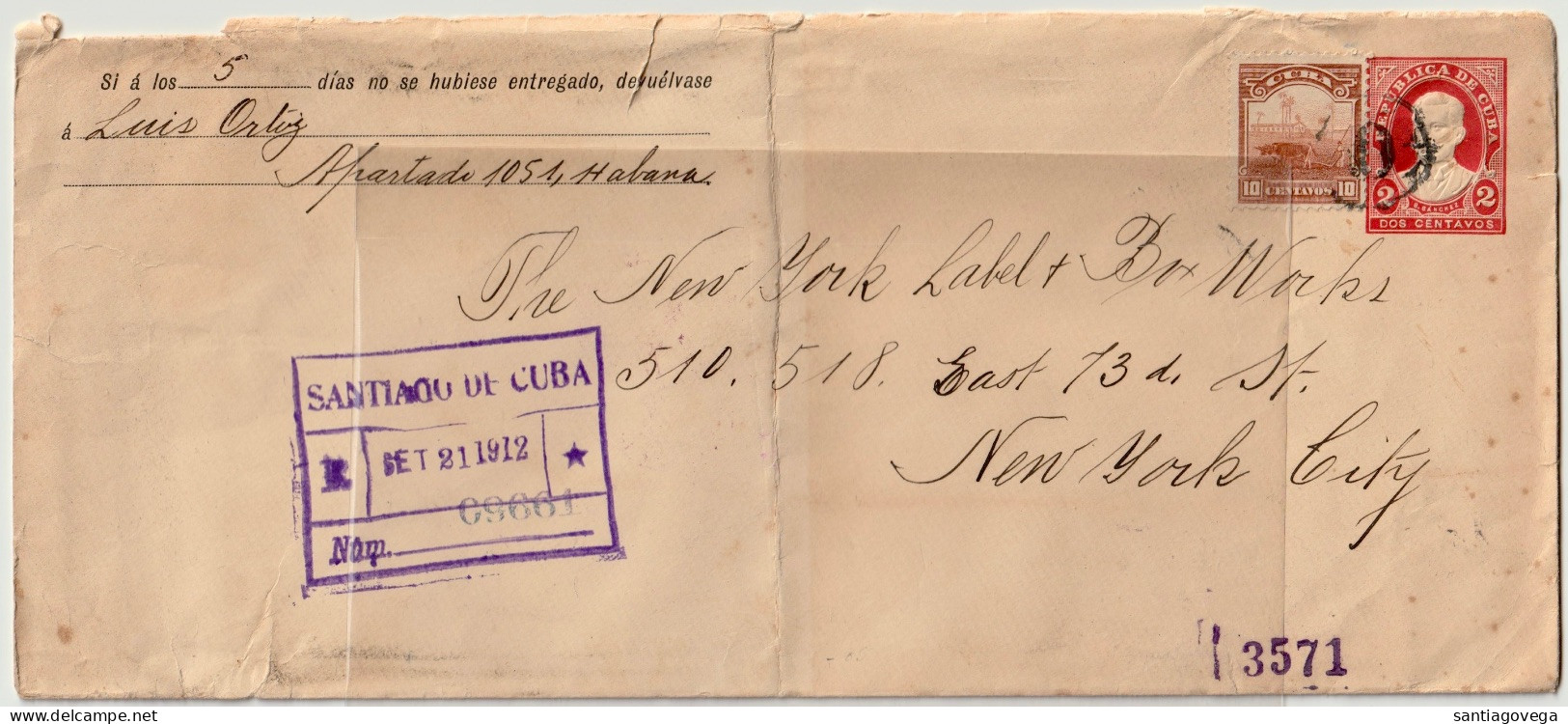 CUBA Cover To USA In 1912 Farmer Cow Ox S.Sanchez #428 - Lettres & Documents