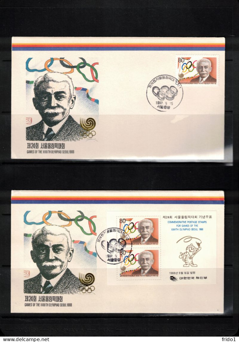 South Korea 1988 Olympic Games Seoul - Pierre De Coubertin Stamp+block FDC - Ete 1988: Séoul