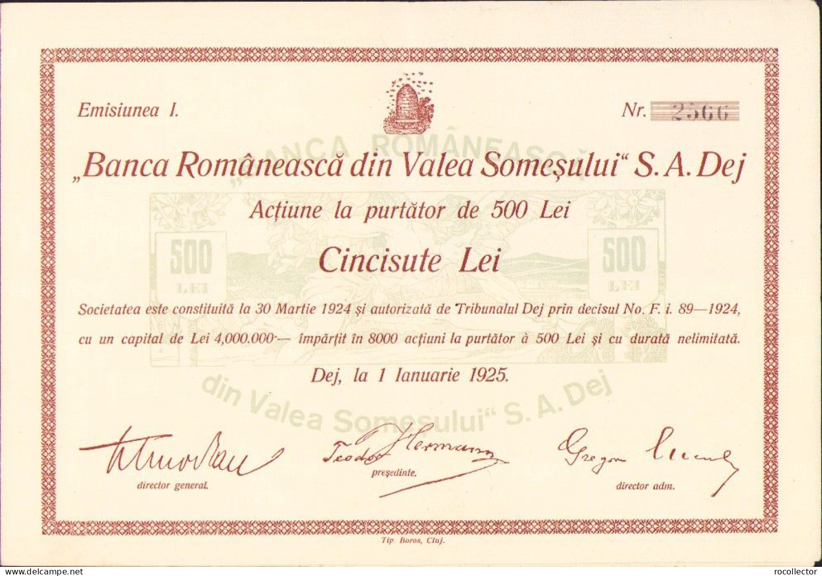 Banca Românească De Pe Valea Someșului SA Dej, Emisiunea I, 1925, Acțiune La Purtător De 500 Lei A2472N - Bank & Insurance