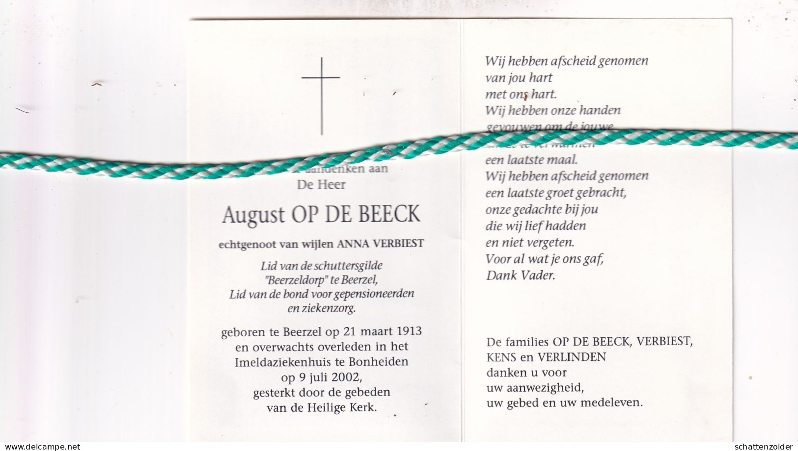 August Op De Beeck-Verbiest, Beerzel 1913, Bonheiden 2002. Foto Handboogschutter - Obituary Notices