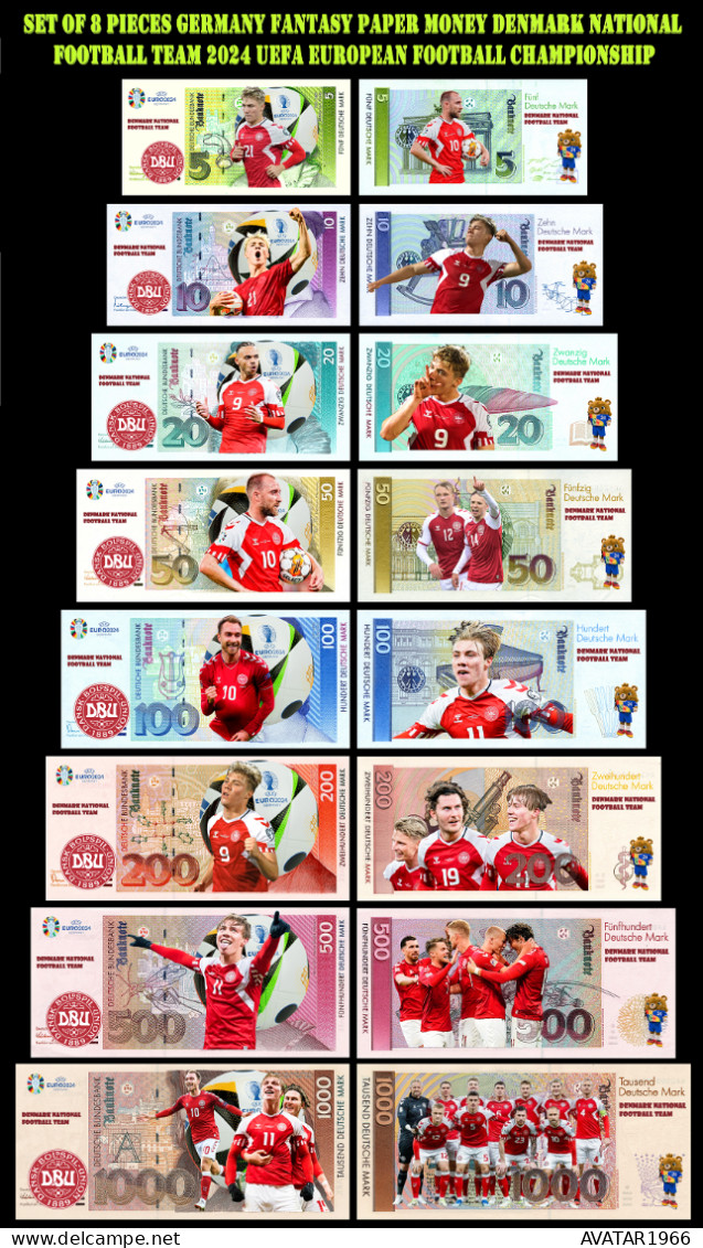 UEFA European Football Championship 2024 Qualified Country  Denmark 8 Pieces Germany Fantasy Paper Money - [15] Commémoratifs & Emissions Spéciales