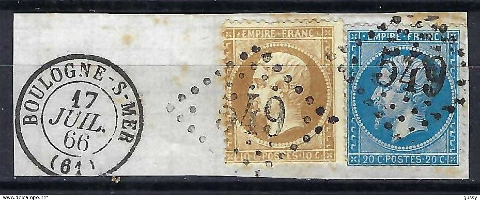 FRANCE Classique, B Obl. GC Des Villes Sur TP Isolés: GC 549 (Boulogne-s-Mer,1) Sur Y&T 21,22 Sur Fragment Avec CAD - 1862 Napoléon III.