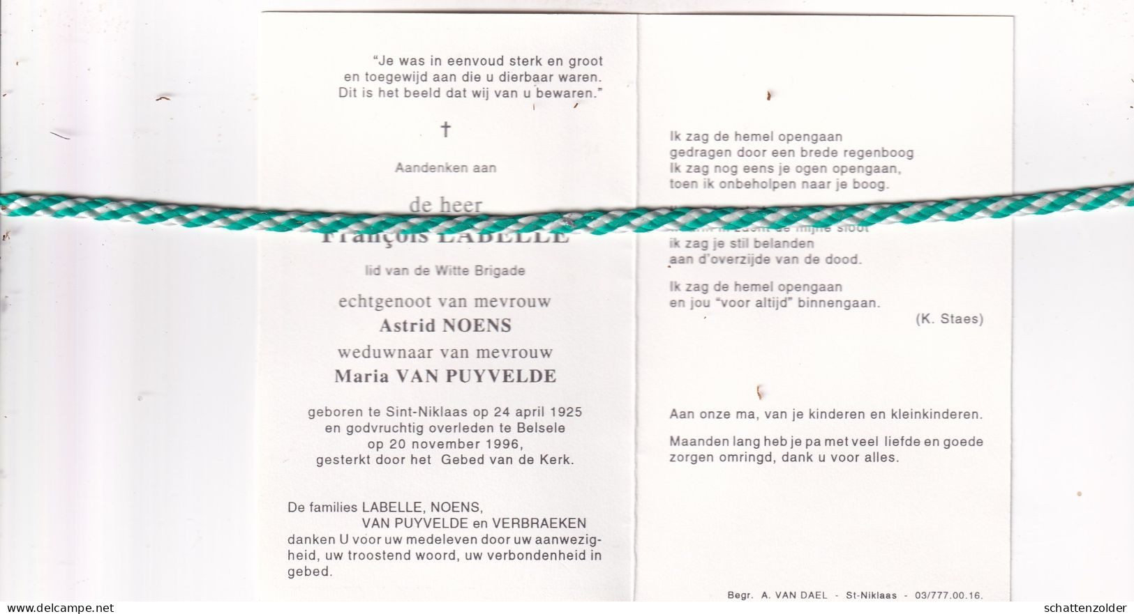 Francois Labelle-Noens-Van Puyvelde, Sint-Niklaas 1925, Belsele 1996 - Obituary Notices