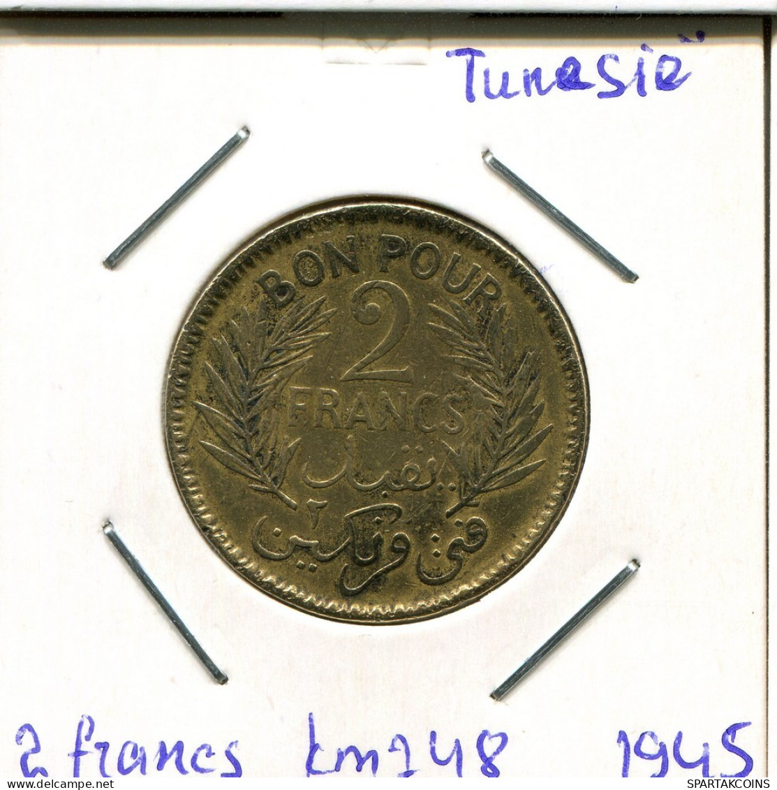 2 FRANCS 1945 TÚNEZ TUNISIA Moneda Muhammad VIII #AP808.2.E.A - Tunisia