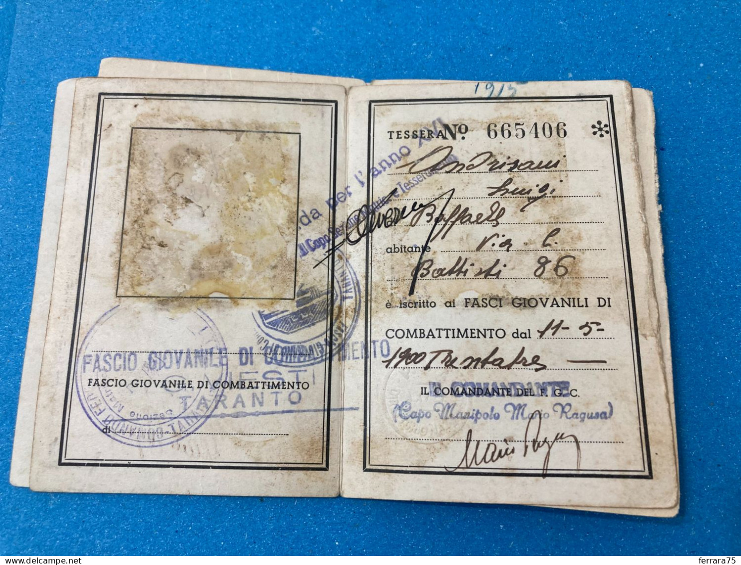 TESSERA FGC PNF TARANTO 1933. - Membership Cards