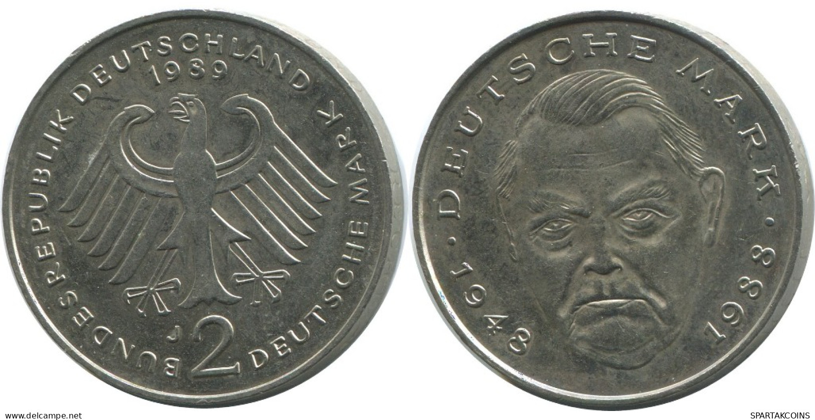 2 DM 1989 J L.ERHARD WEST & UNIFIED GERMANY Coin #AG265.3.U.A - 2 Mark