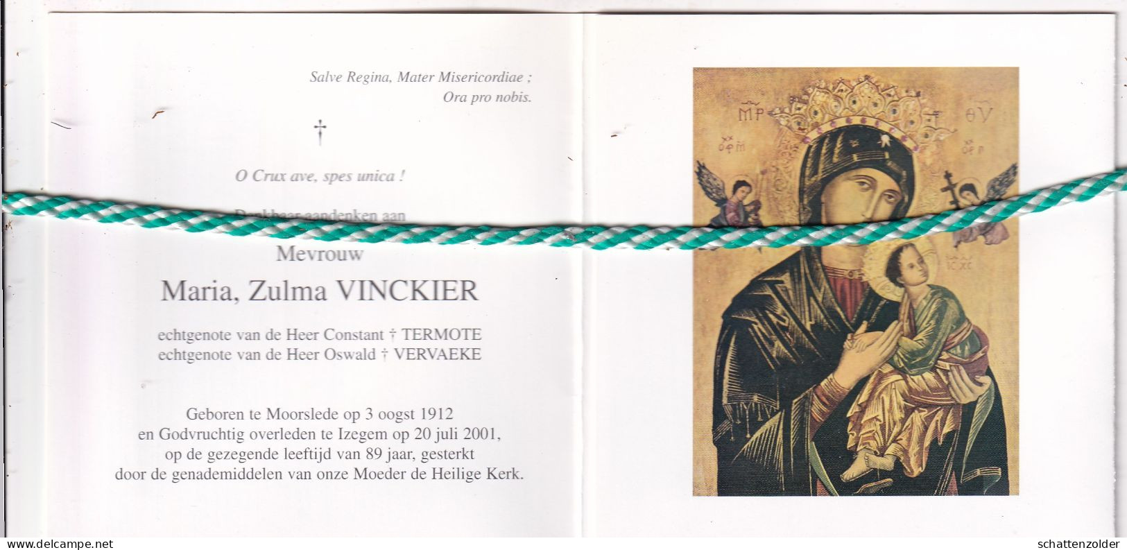 Maria Zulma Vinckier-Termote-Vervaeke, Moorslede 1912, Izegem 2001. Foto - Décès
