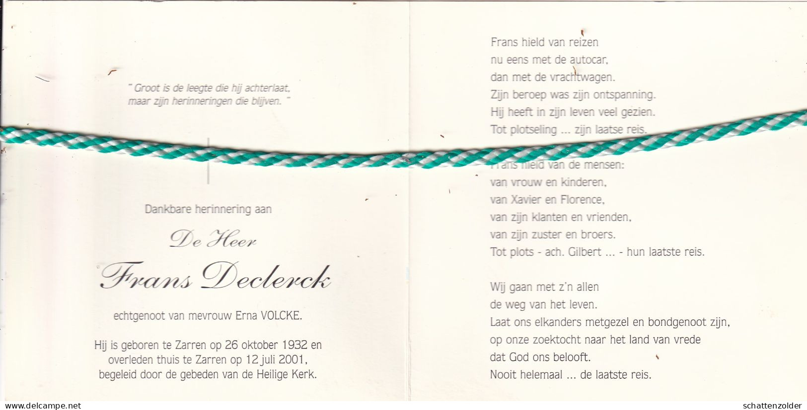 Frans Declerck-Volcke, Zarren 1932, 2001. Foto - Décès