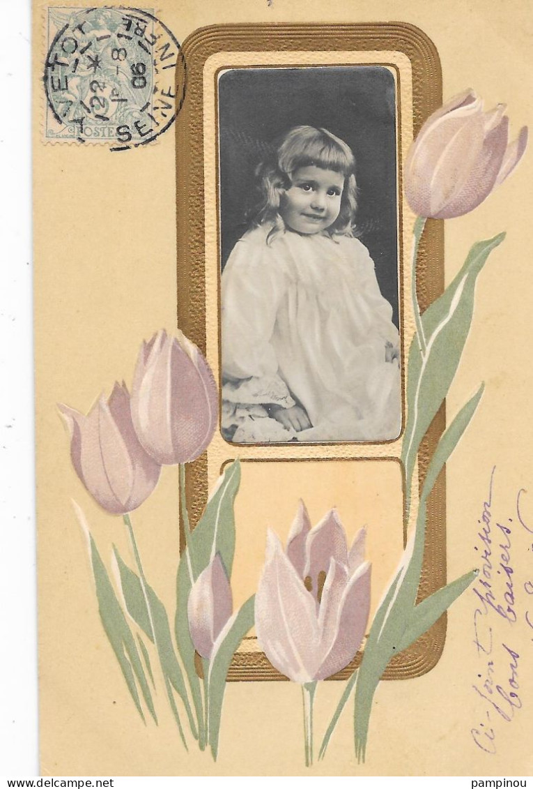 Cpa Gaufrée, Portrait Fillette, Tulipes - Autres & Non Classés