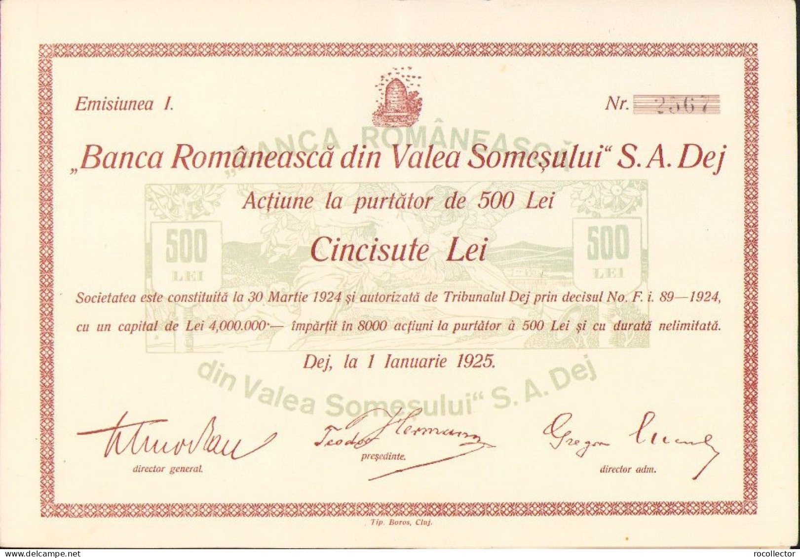 Banca Românească De Pe Valea Someșului SA Dej, Emisiunea I, 1925, Acțiune La Purtător De 500 Lei A2473N - Banque & Assurance