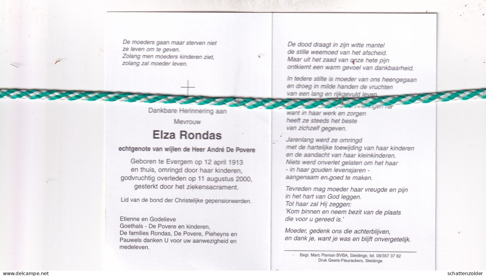 Elza Rondas-De Povere, Evergem 1913, 2000 - Décès