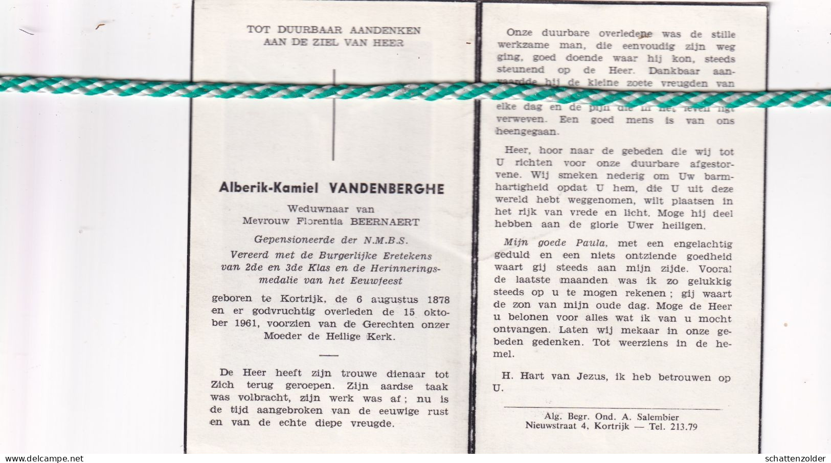 Alberik Kamiel Vandenberghe-Beernaert, Kortrijk 1878, 1961 - Décès