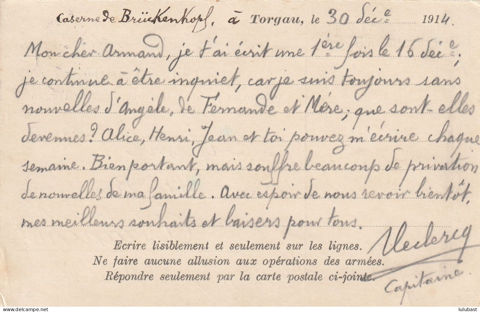 Carte D'un Prisonnier De Guerre Français Dans Le Camp Des Officiers à TORGAU. (caserne Brückenkorf) Pour Avranches. - Guerre De 1914-18