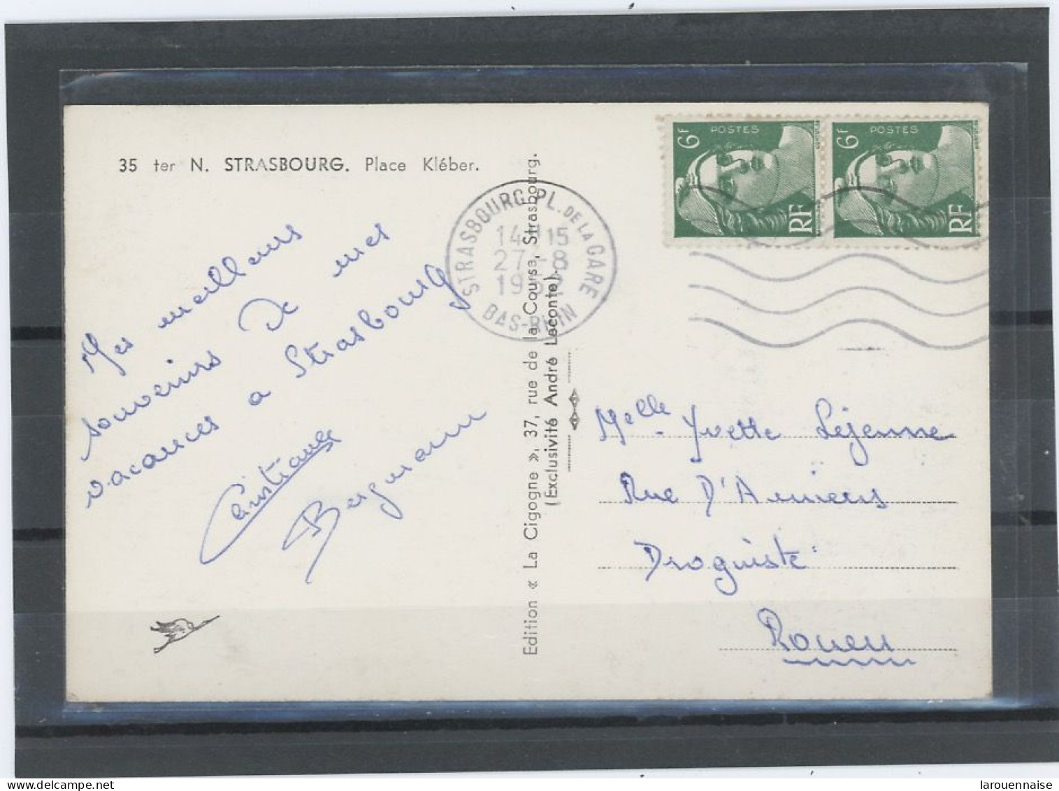 TYPE GANDON N°884 PAIRE /CP -Obl CàD  STRASBOURG 27-8-1952 - Brieven En Documenten