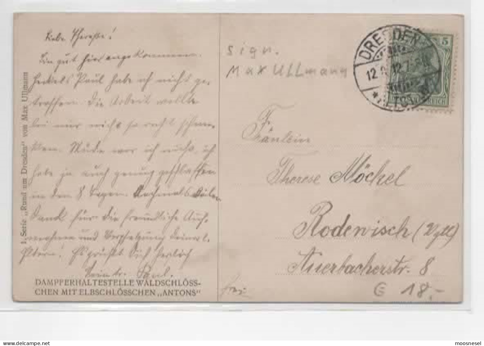 Antike Postkarte Serie Rund Um Dresden Von Max Ullmann, Dampferhaltestelle Waldschlösschen "Antons" Von 1912 - 1900-1949