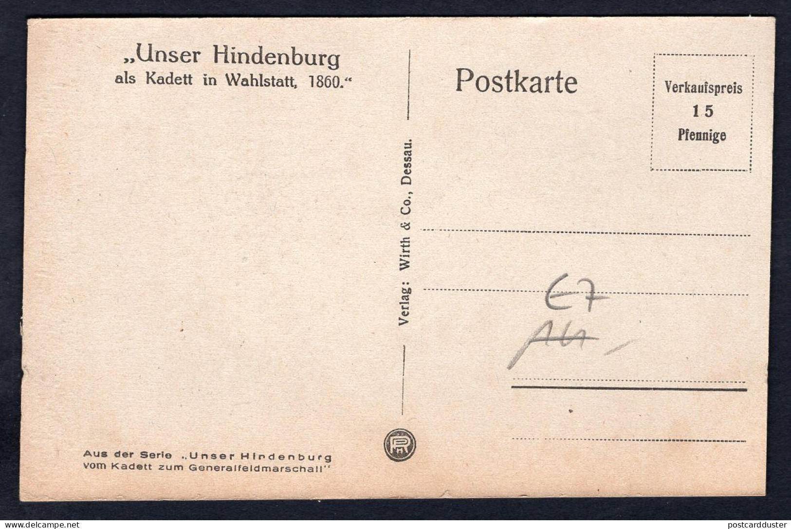 Germany C1918-20 Paul Von Hindenburg. Portrait As Cadet In Wahlstatt. Old Postcard  (h3672) - Persönlichkeiten