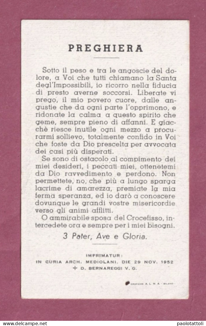 Santino. Holy Card- Santa Rita Da Cascia, Agostiniana- Venerata Nel Santuario Di Milano-Barona. Grafiche ALMA, Milano - Devotion Images