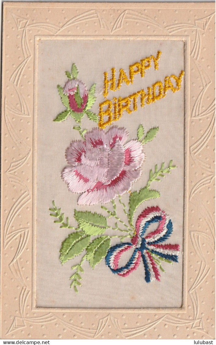 Carte Brodée " Happy Birthday " à La Rose. - Bestickt