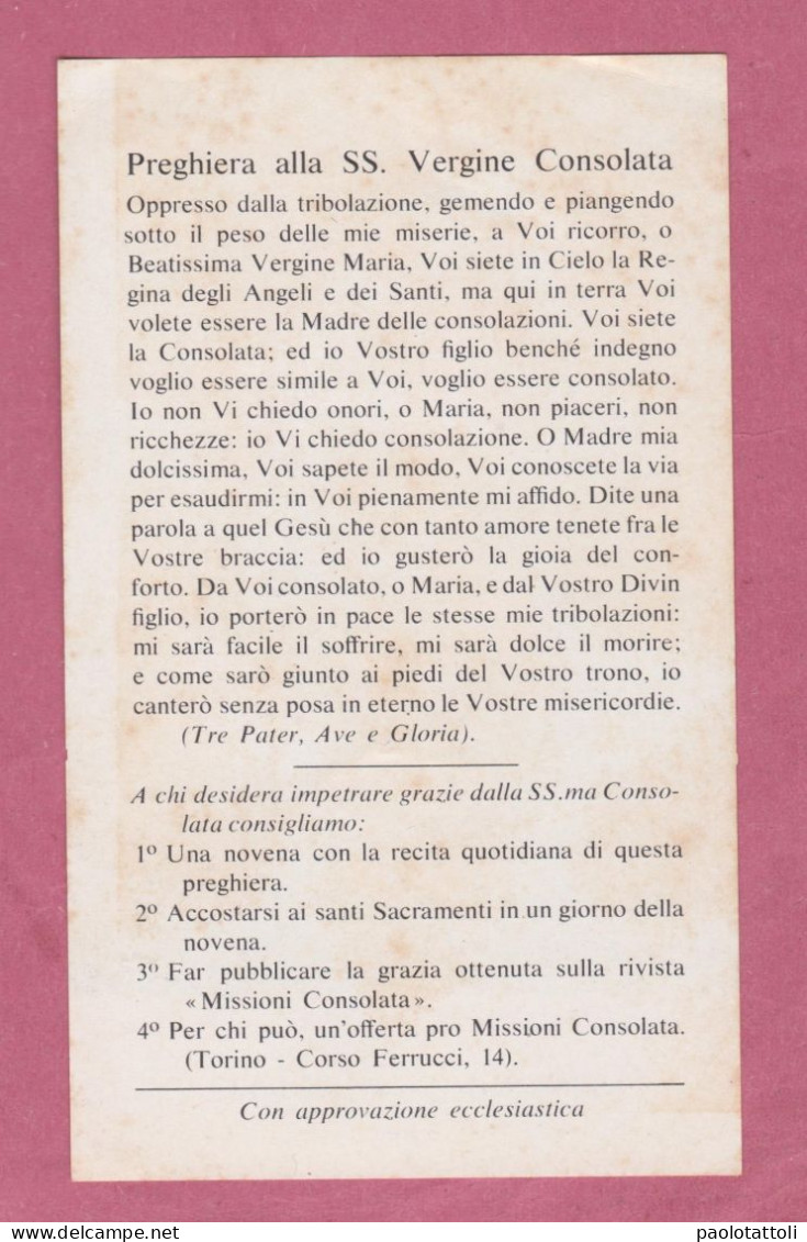 Santino, Holy Card-SS Verginee Consolata. Con Approvazione Ecclesiastica. Dim. 115x 70mm - Images Religieuses