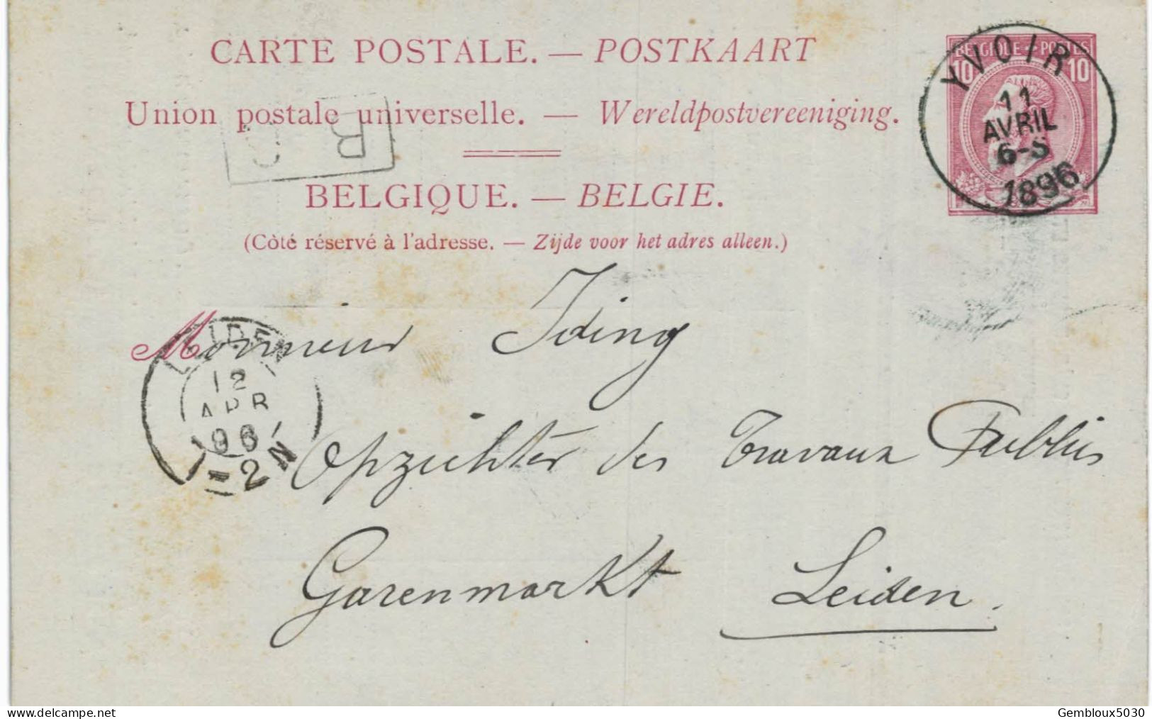 (Lot 02) Entier Postal  N° 46 écrit D'Yvoir Vers Leiden - Postcards 1871-1909