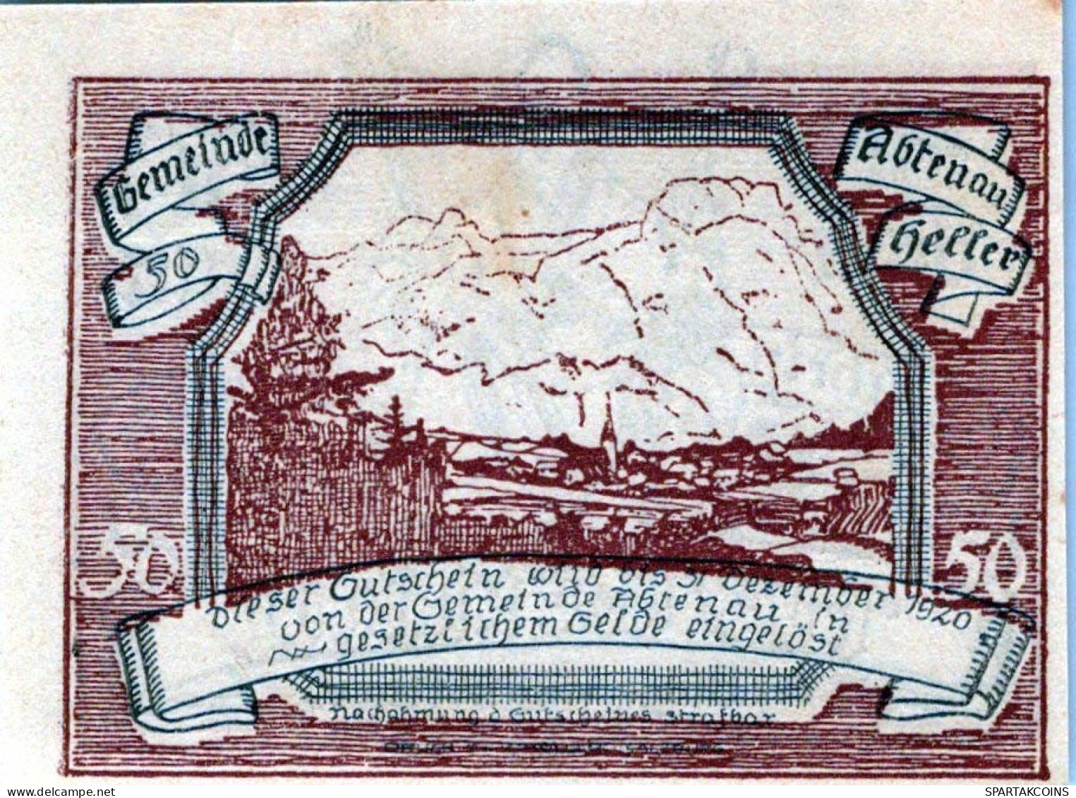 50 HELLER 1920 Stadt ABTENAU Salzburg Österreich Notgeld Banknote #PE161 - [11] Local Banknote Issues