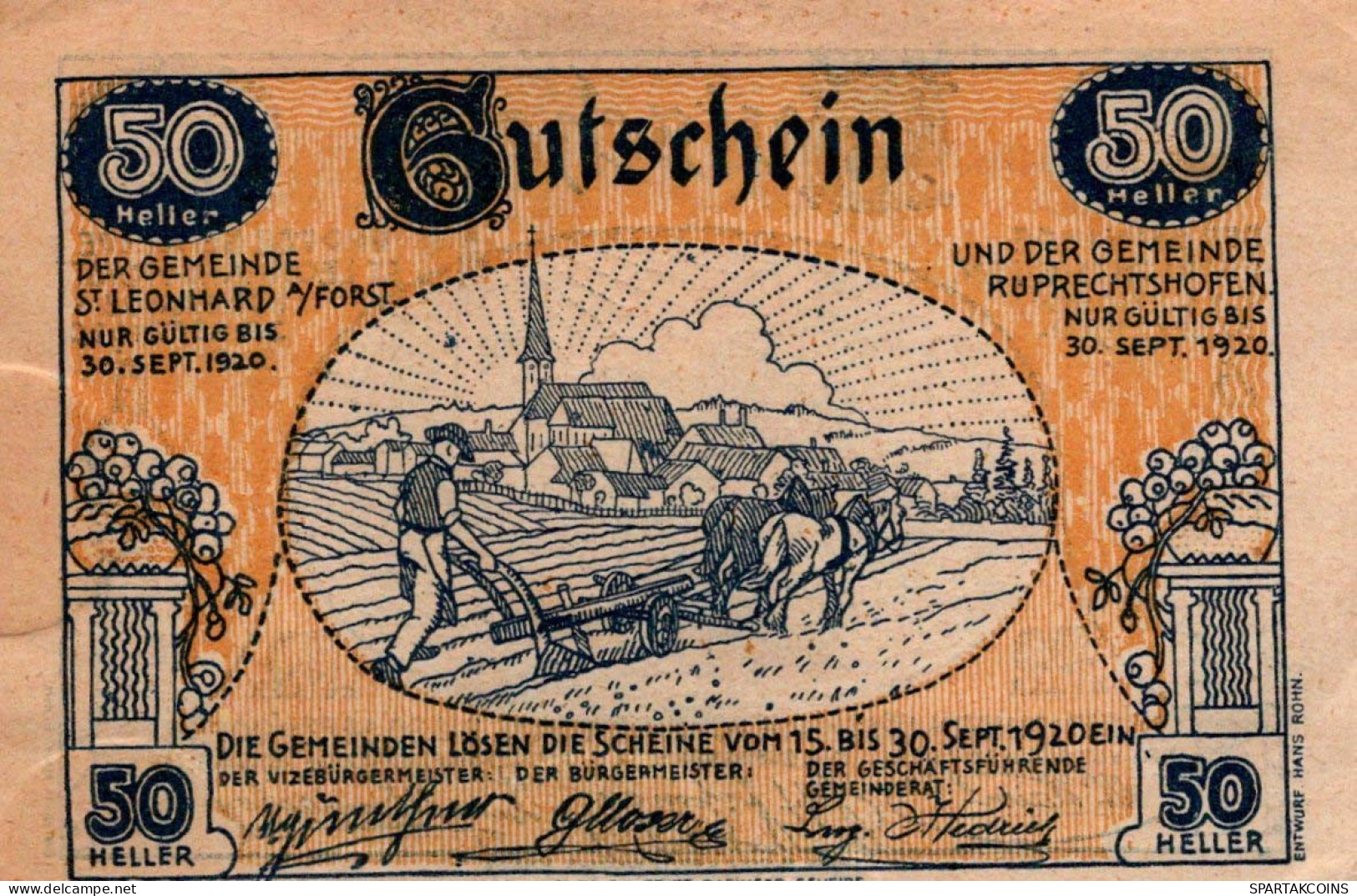 50 HELLER 1920 SANKT LEONHARD AM FORST AND RUPRECHTSHOFEN Österreich #PE845 - [11] Local Banknote Issues