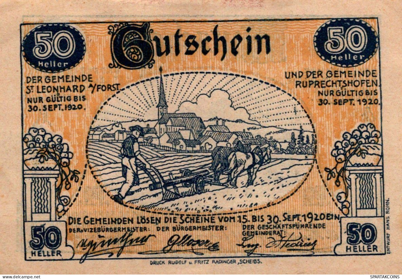 50 HELLER 1920 SANKT LEONHARD AM FORST AND RUPRECHTSHOFEN Österreich #PE666 - [11] Local Banknote Issues