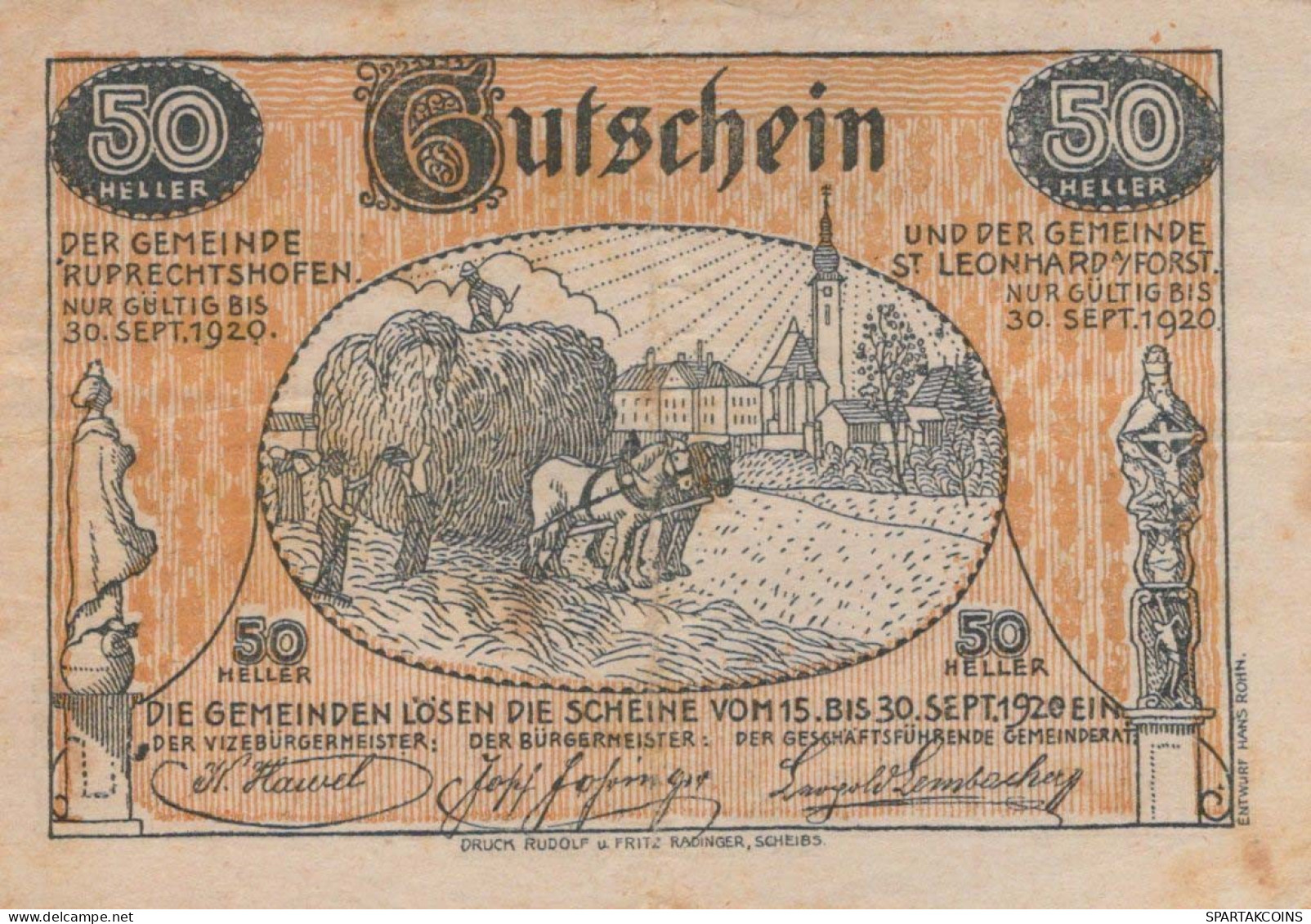 50 HELLER 1920 SANKT LEONHARD AM FORST AND RUPRECHTSHOFEN Österreich #PE575 - [11] Local Banknote Issues
