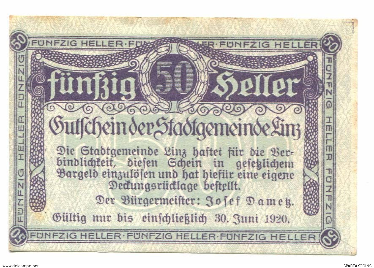 50 Heller 1920 LINZ Österreich UNC Notgeld Papiergeld Banknote #P10351 - [11] Local Banknote Issues